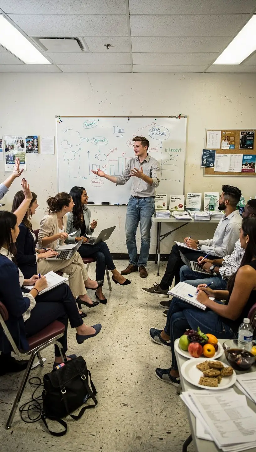 Személyes pénzügyi workshop zajlik, ahol résztvevők jegyzetelnek és kérdeznek.