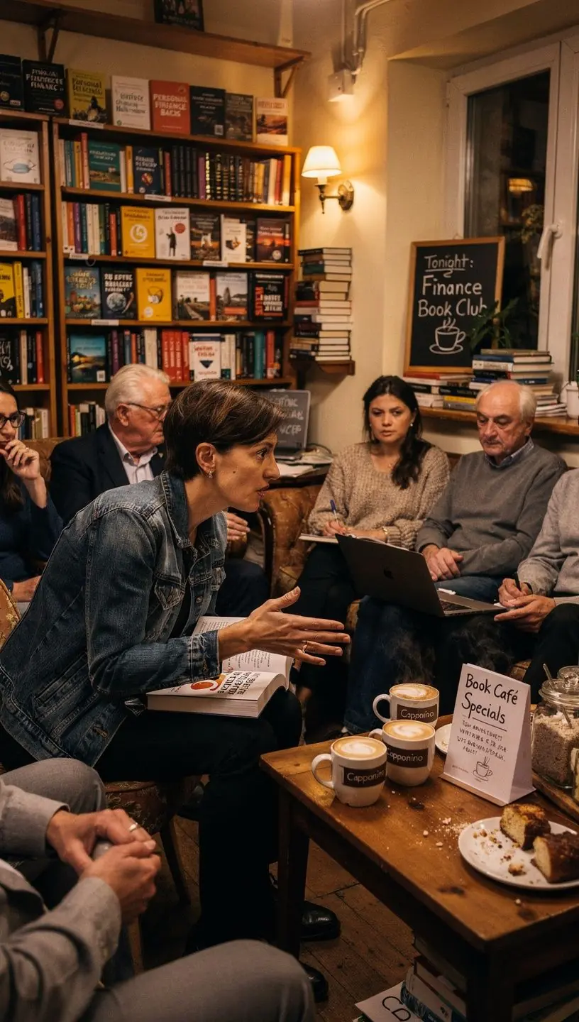 Eladó pénzügyi tervezők és könyvek bemutatója egy közösségi klub rendezvényen.
